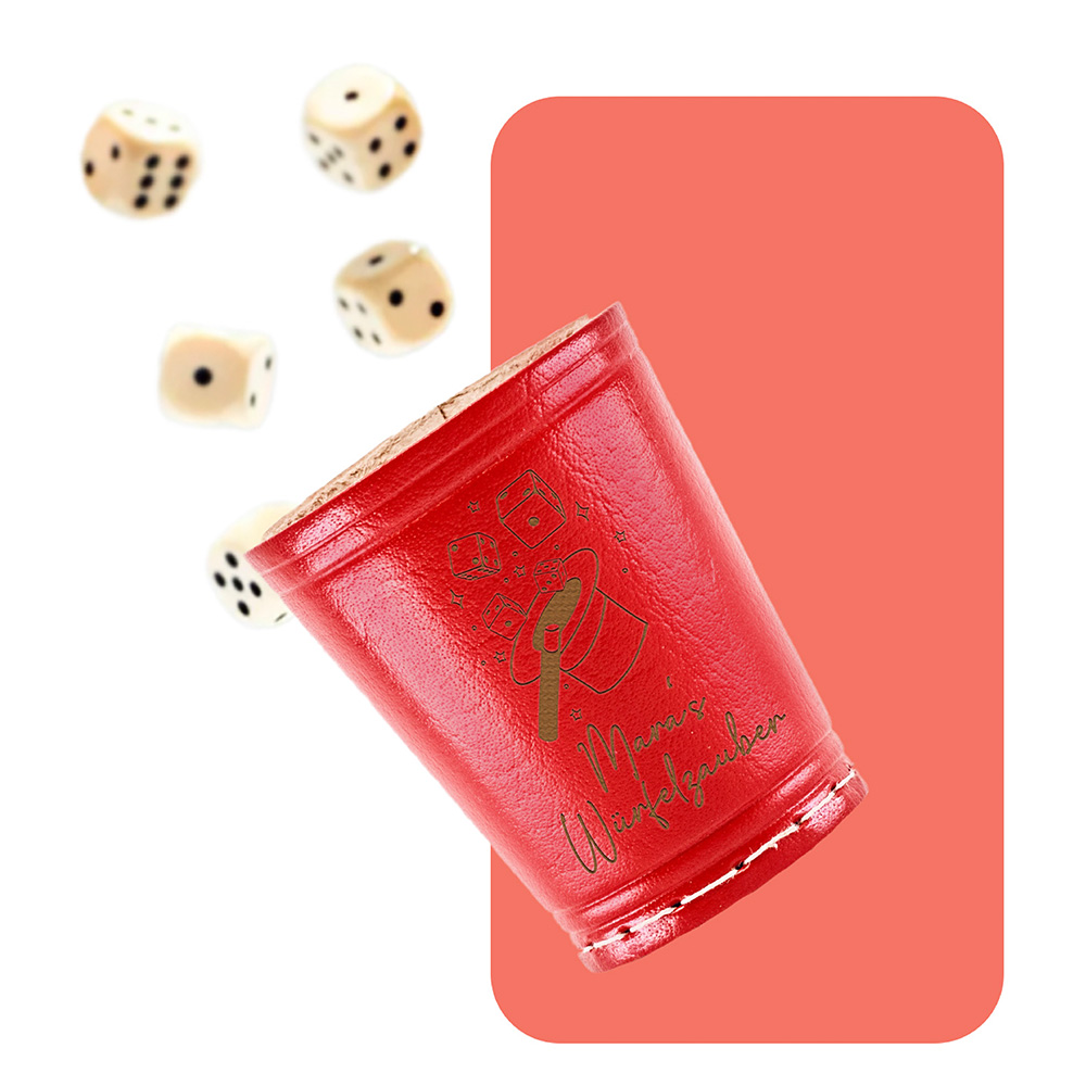 Roter Würfelbecher “Würfelzauber” mit Wunschgravur inklusive 5 Würfel